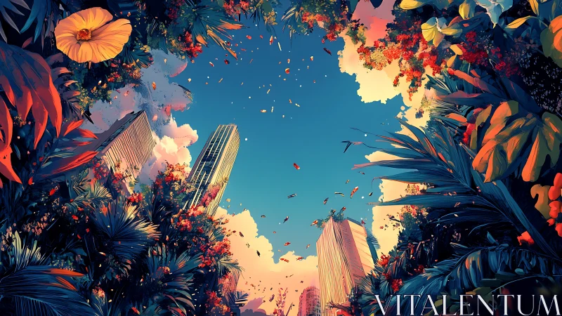 City towers cradled by lush jungle skyward bloom.