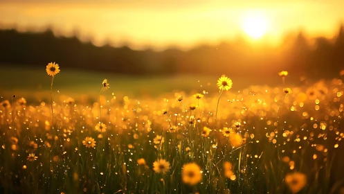Yellow wildflower field in warm golden sunset light.