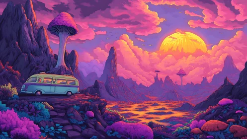 Retro camper overlooking neon alien valley at surreal sunset