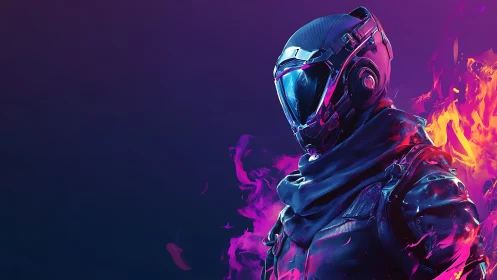 Neon-clad space rider stands wrapped in electric violet fire