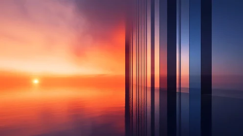 Sunset horizon dissolves into mirrored geometric portals