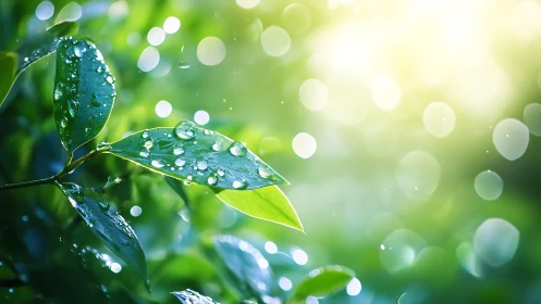 Morning dew glistens on green leaves against blurred bokeh