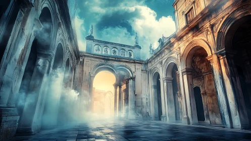 Sunlit mist drifting through ancient stone colonnades.