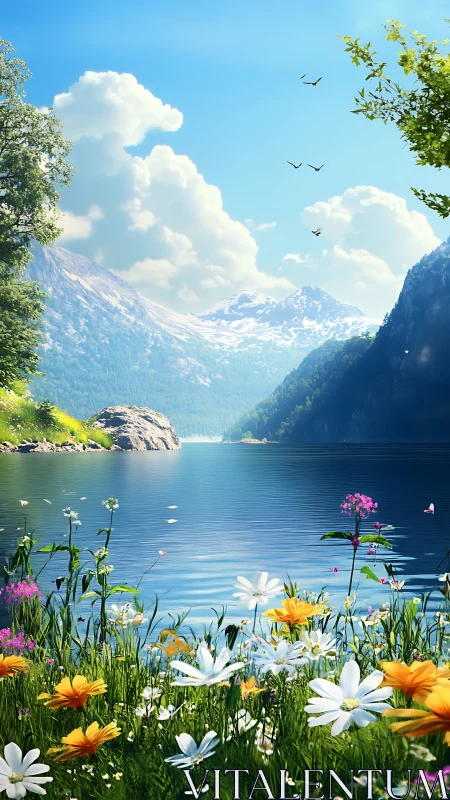 Mountain lake meadow under crisp blue summer sky.