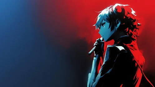 Neon-lit singer carves silhouette between red and blue storms.