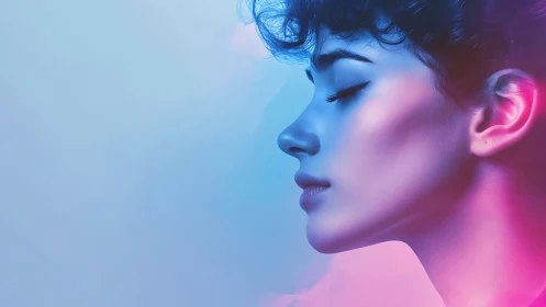 Side profile portrait in blue and pink neon light glow.