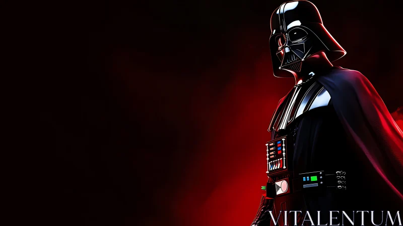 Dark armored sci fi villain on red backlit void.