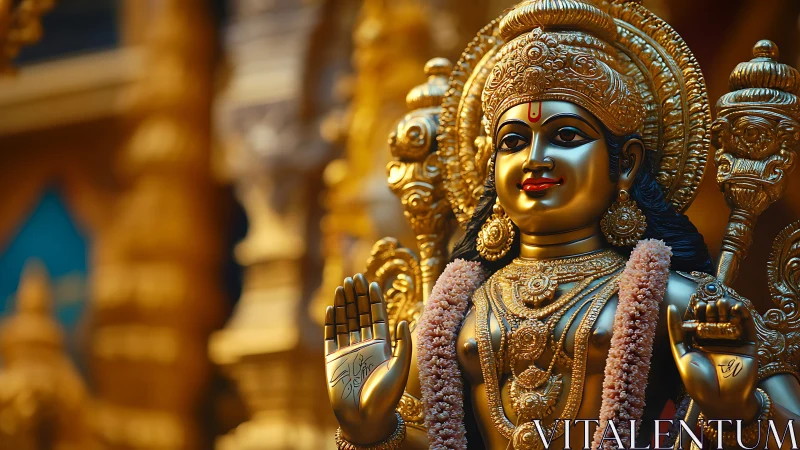Golden Hindu deity statue with garlands and ornate details.