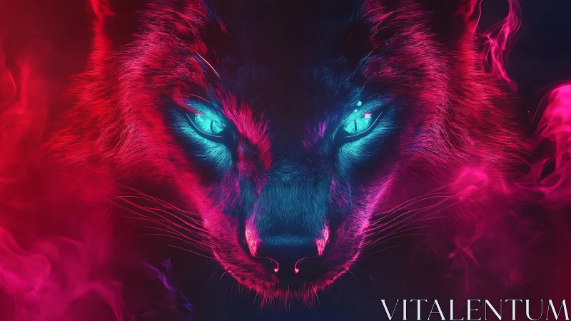 Neon spirit wolf stares through electric twilight smoke veil