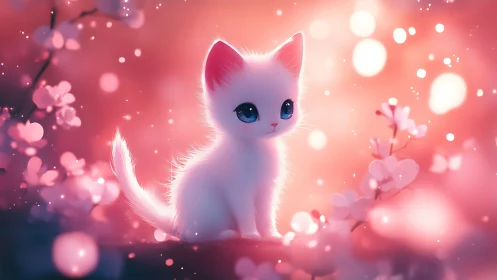 White kitten with blue eyes sits in pink floral bokeh environment
