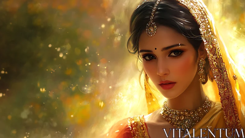 Radiant Indian bride gazes softly through golden festive light