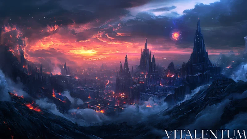 Volcanic megacity under bifurcated twilight skyscape.