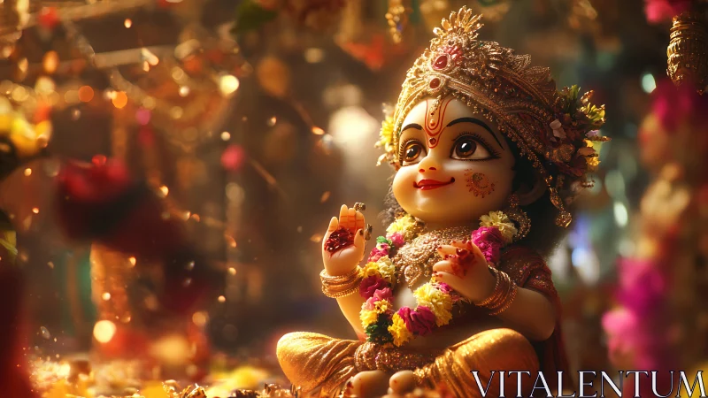 Joyful baby Krishna idol glows amid festive temple lights