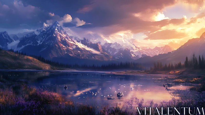 Digital painting of alpine lake at sunset with grand peaks.