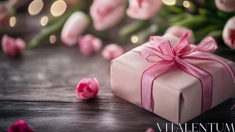 Pink gift box rests on rustic table with soft tulip decor
