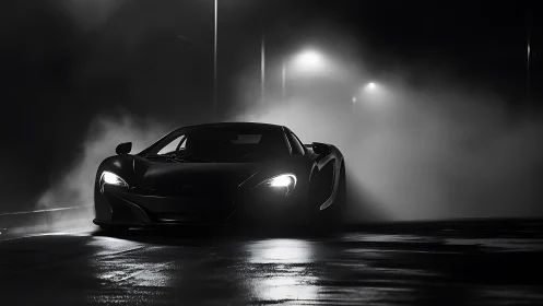 Low key sports car on wet night road with backlit fog.