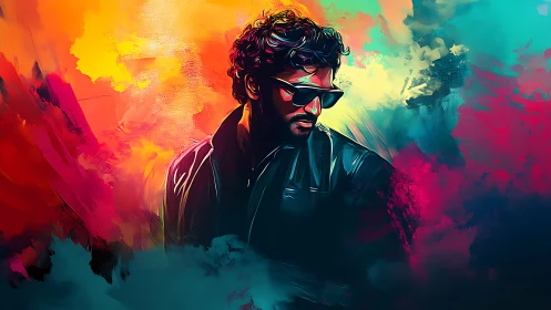 Color-drenched rebel in sunglasses framed by electric clouds.
