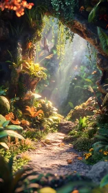 Sunlit woodland path with dense foliage and rock archway.