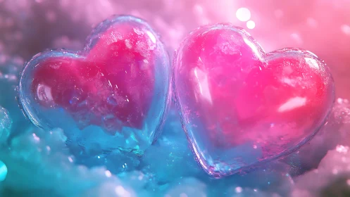 Luminous Glass Hearts Glow with Vibrant Pink and Blue Magic