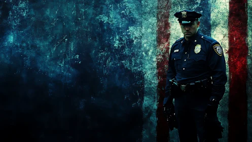 Brooding city officer against worn urban flag backdrop.