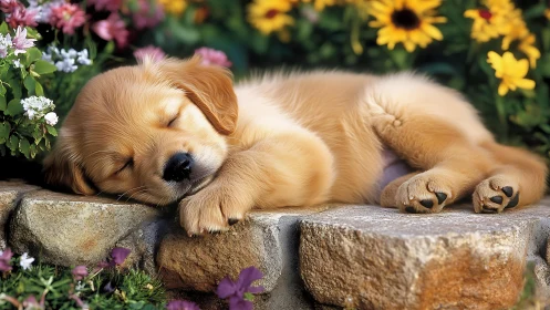Golden retriever puppy sleeping on garden stone ledge.