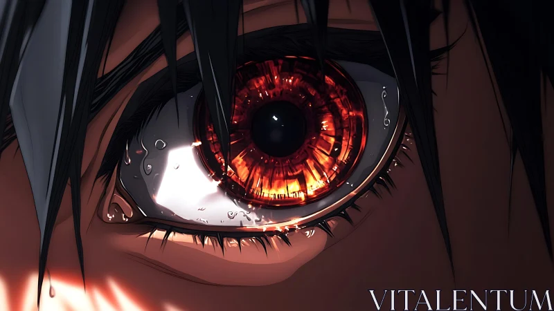 Burning red anime eye reflects inner turmoil and power