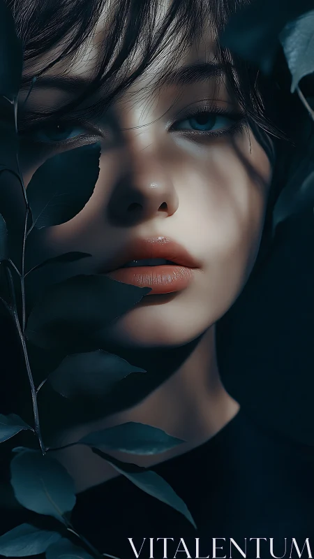 Female face framed by dark foliage in low key lighting