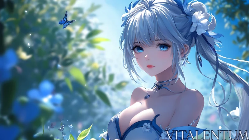 Silver haired anime girl stands in luminous blue garden