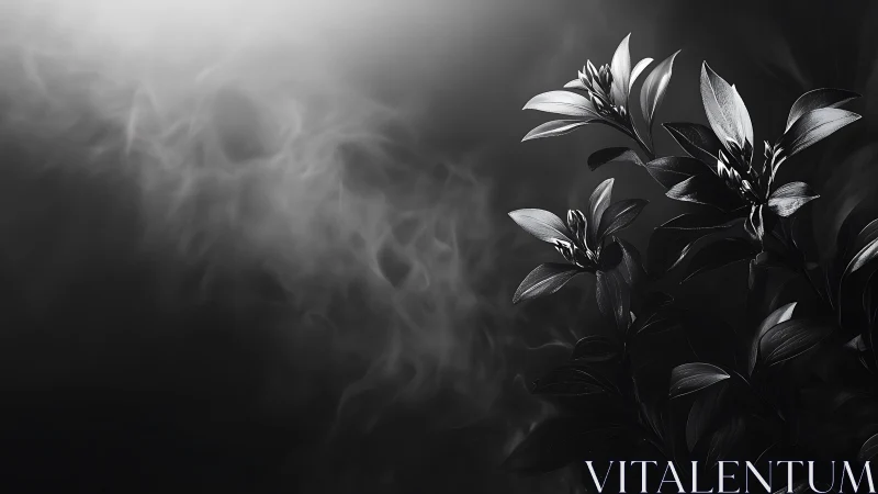 Monochrome lilies emerge from dark background with mist