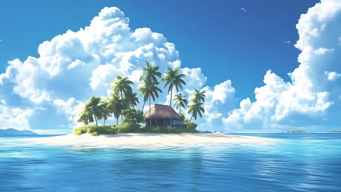 Tropical Island With Thatched Structure in Ocean.