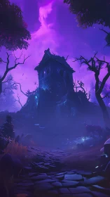 Haunted hillside tower under vivid neon violet skies.