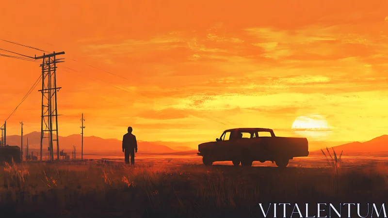 Lone figure and truck under vivid orange desert sunset.