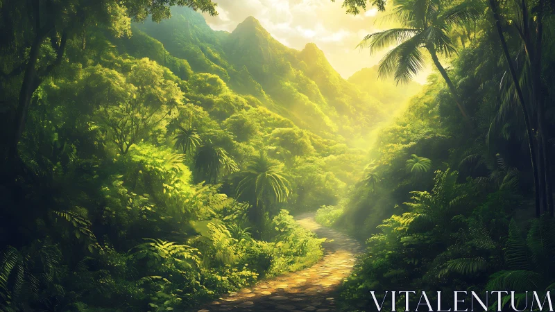 Luminous Jungle Valley: Golden Sunlight Through Mountain Pass.