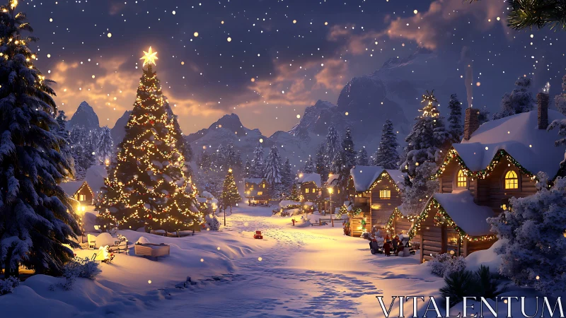 Snowy alpine village street with illuminated Christmas tree