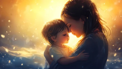 Woman holding child in golden light environment