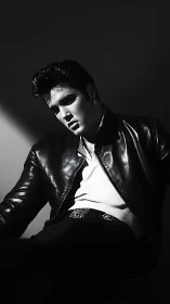 Moody portrait of leather-clad rock-style figure in shadow.