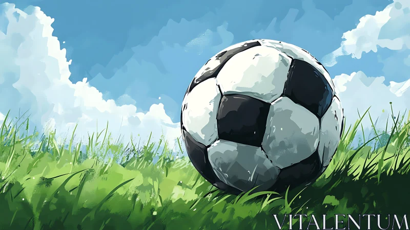 Sunlit soccer ball resting in bright summer grass field.