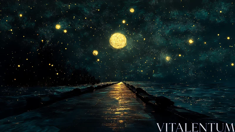 Digital painting nocturne with luminous pier and cosmic sky.