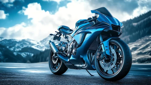 Blue sport motorcycle stands on mountain road in winter