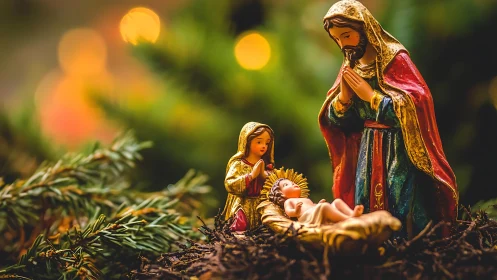 Nativity figurines amid warm Christmas tree lights glow.