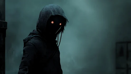 Hooded digital specter with luminous eyes dominates frame