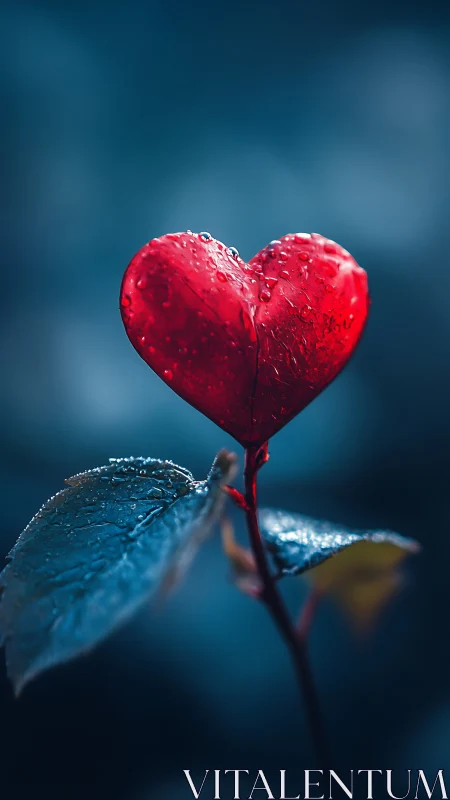Red heart-shaped structure with water droplets on blue background