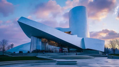 Futuristic glass concert hall under a violet cloudlit evening sky.