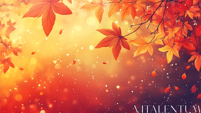 Orange maple foliage and drifting leaves on gradient sky.
