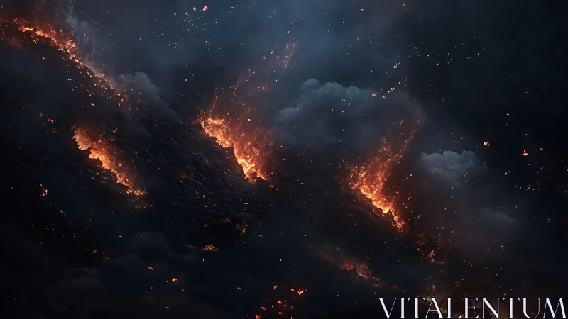 Volcanic Eruption with Lava Flows Against Starlit Sky.