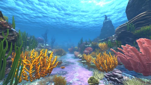 Vibrant coral canyon beneath sunlit turquoise waters.