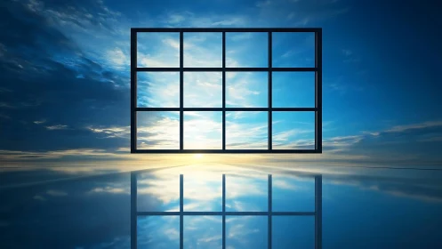 Framed sky grid floats over reflective horizon with symmetrical mirroring