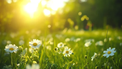Backlit daisy meadow under shallow depth field illumination.