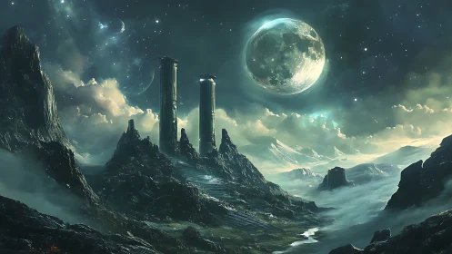 Moonlit colossus towers whisper over misty alien valleys