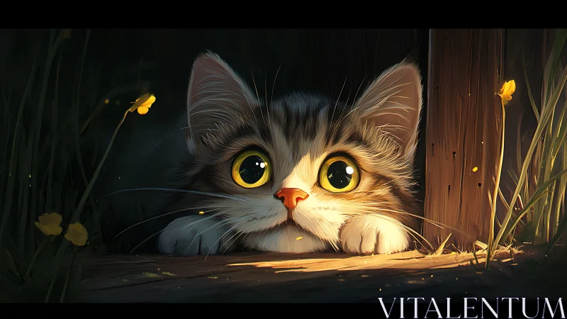 Tabby Cat with Golden Eyes Peers Through Evening Garden